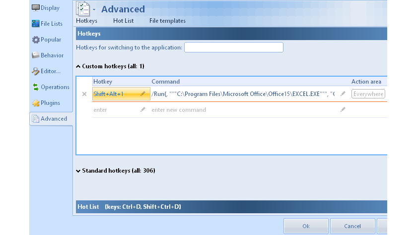 oMega Commander Features. Custom hotkeys. Fine-tuning of the hot keys in the settings window.